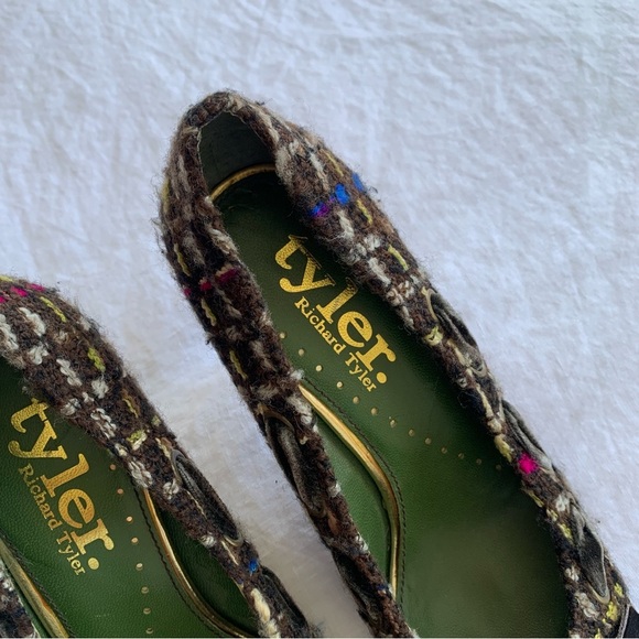 Vintage Richard Tyler Tweed Wool Brown Plaid Tartan Velvet Bow Ribbon Heels Y2K - Picture 7 of 9